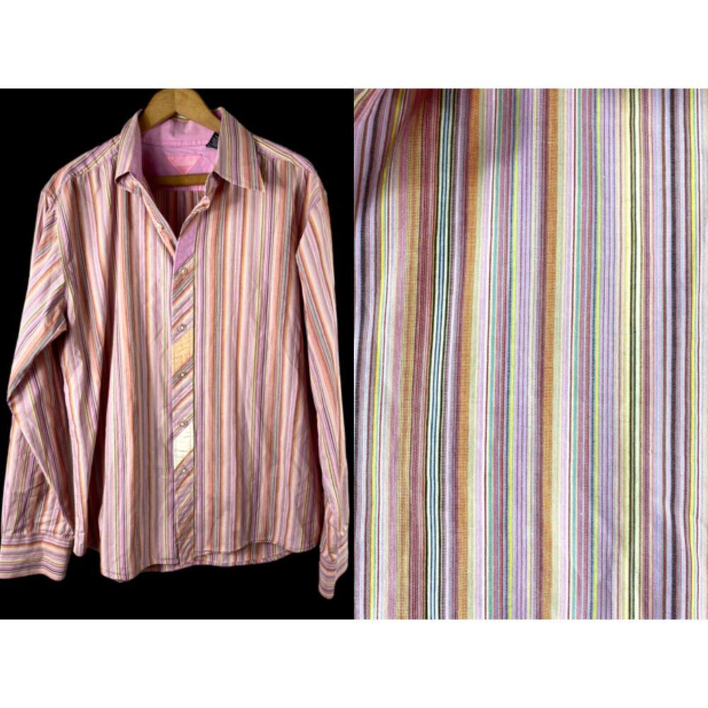 Paco Jeans Shirt Size Medium Vintage Y2K Mens Button Down Pink Rainbow Stripe
